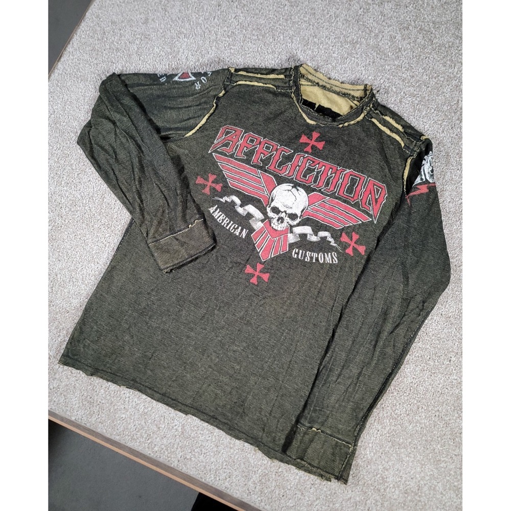 Affliction Pullover Sweater Mens XXL Reversible Crew Raw Hem Thermal Skull Y2K